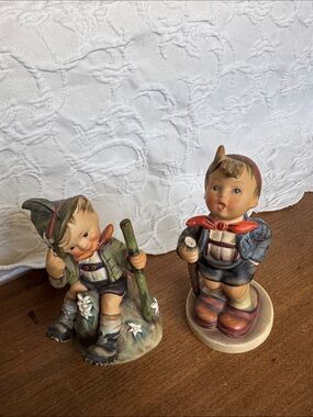 Hummel Pair of Hand-Painted Boy Figurines in Cream, Brown, Red and Blue